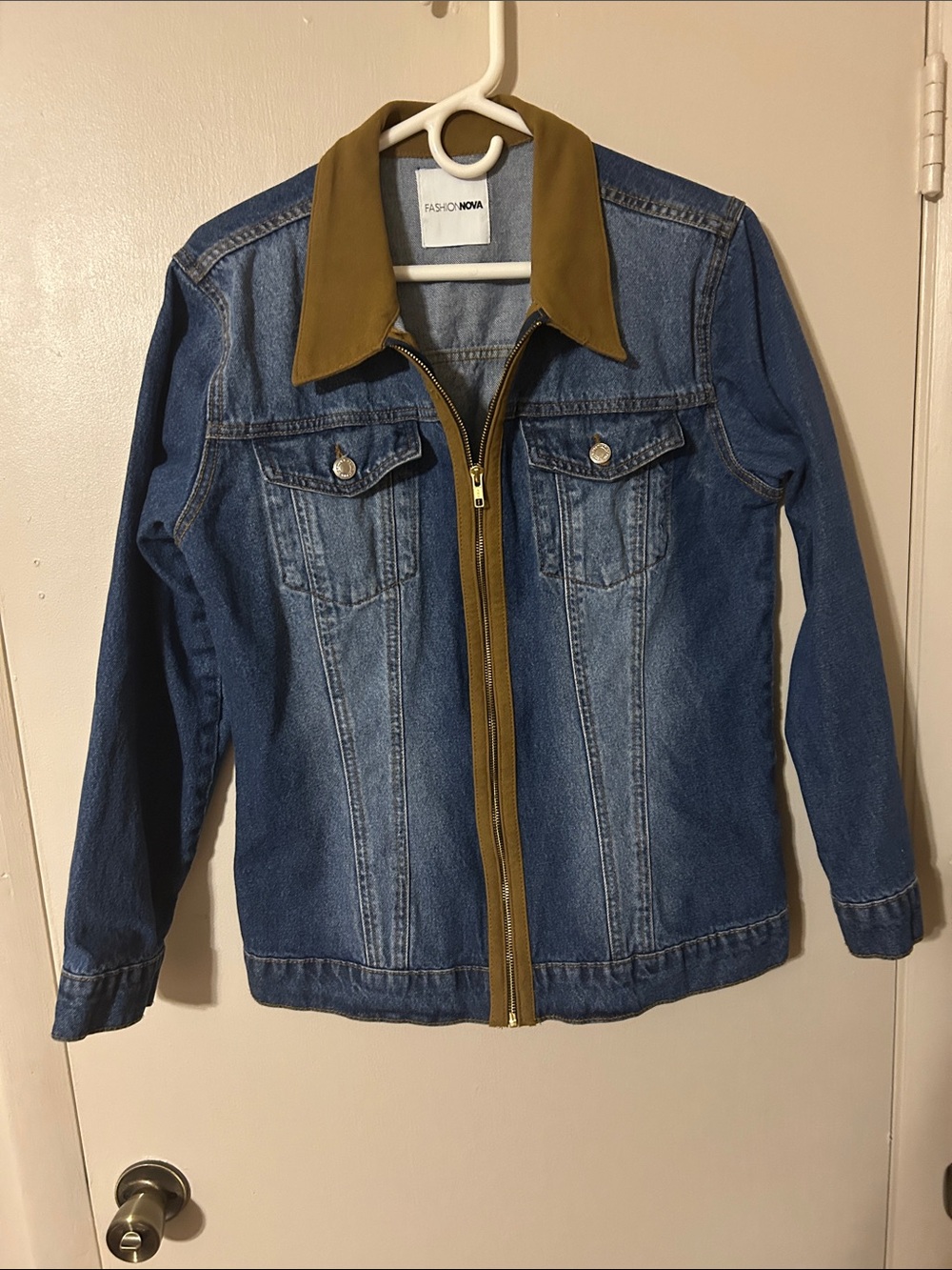 Fashion Nova Blue Denim Jacket with Brown Trim